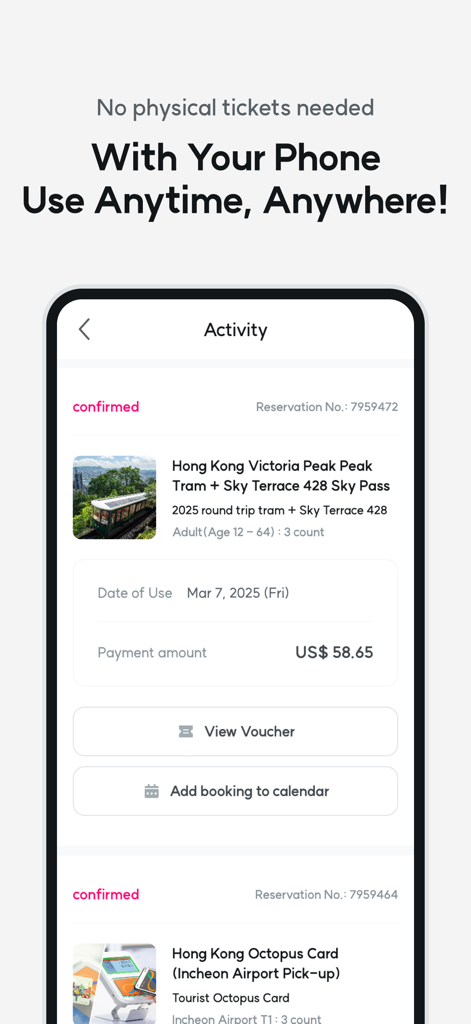 WAUG - Explore MORE. - Smartphone screen showing confirmed digital vouchers for travel activities in Hong Kong on the WAUG app.