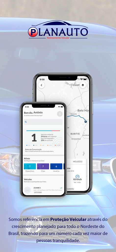 Planauto Rastreamento Veicular app interface displaying a vehicle management dashboard and real-time GPS tracking map on two smartphones