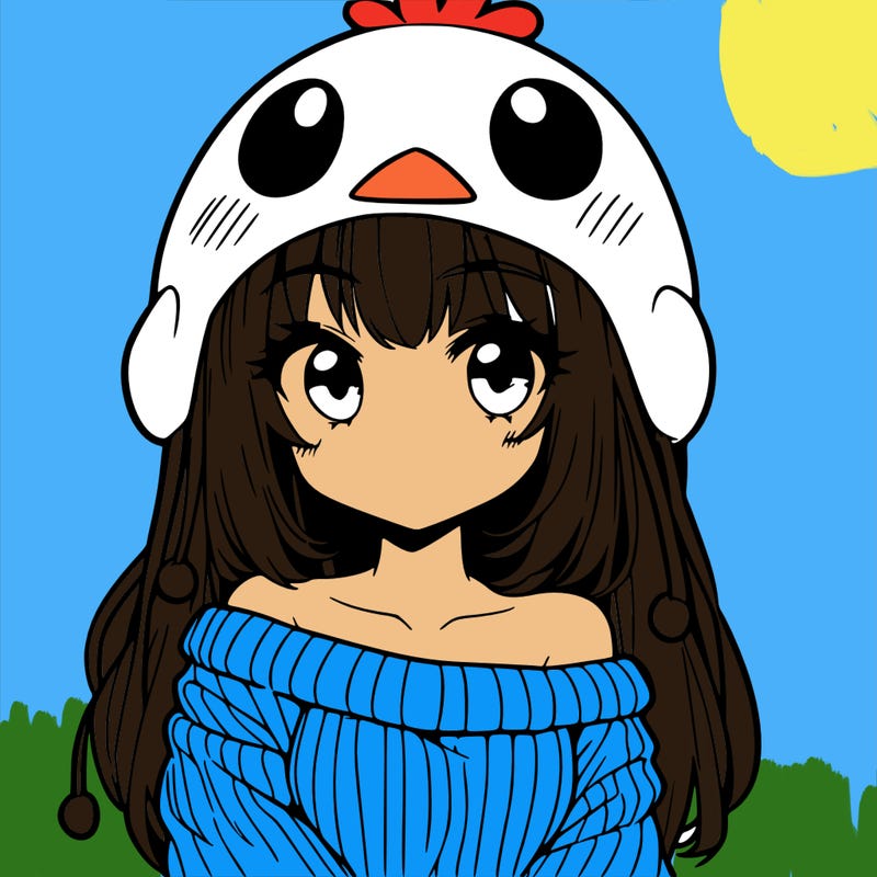 anime girl with chick shaped hat with sweater with bare shoulders with bangs covering them one eye with low tail