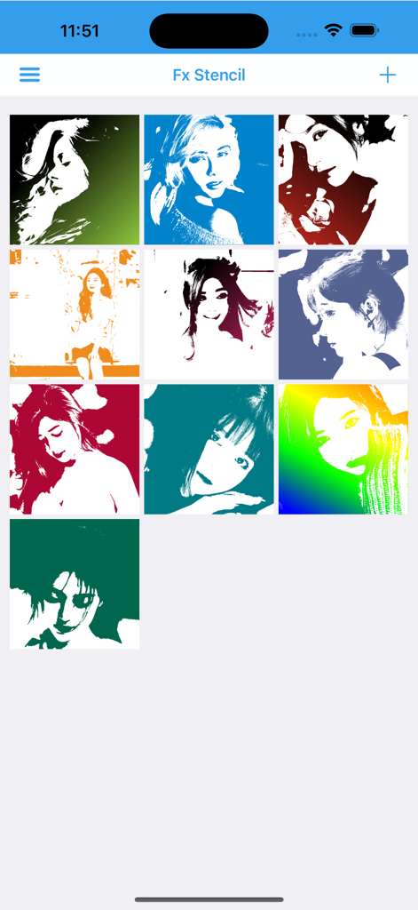 Fx Stencil - A grid display of various portrait photos converted into colorful high-contrast stencils within the Fx Stencil app interface