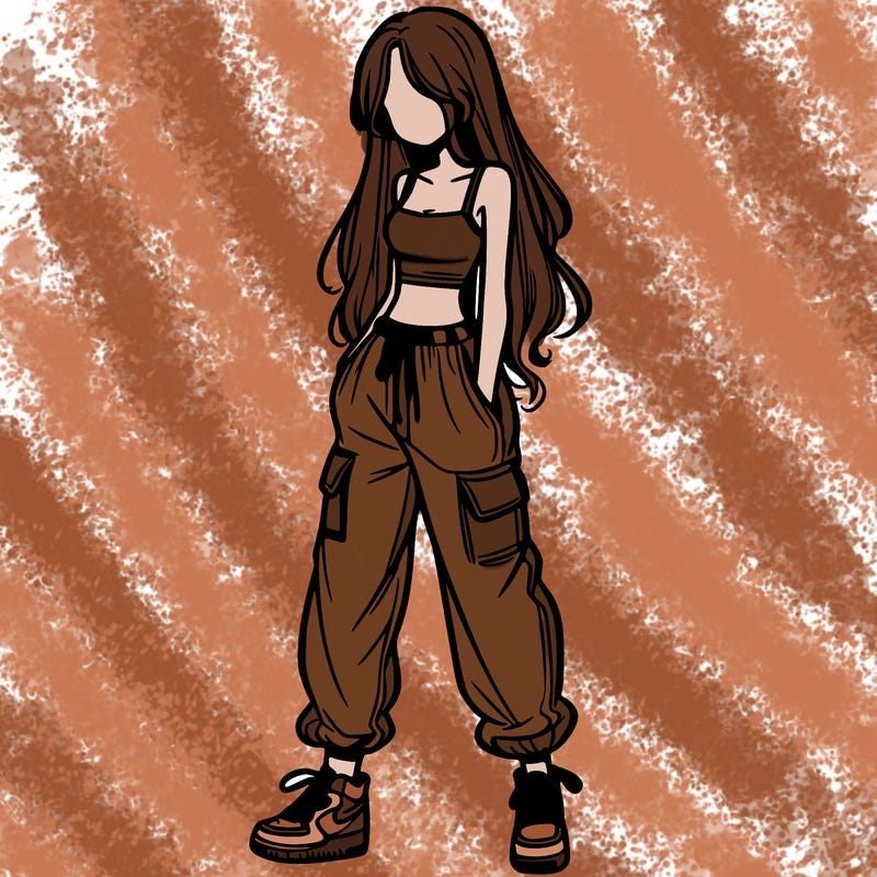 girl in baggy pants crop top and long hair