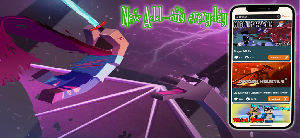 Screenshot of MCPE Addons app showing dragon mods for Minecraft PE with a New Add-ons everyday headline