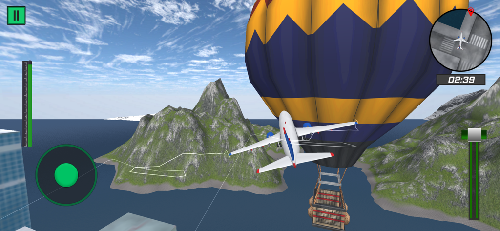 Plane Simulator Crash Landing - Un avión volando junto a un gran globo aerostático sobre montañas en un simulador de vuelo