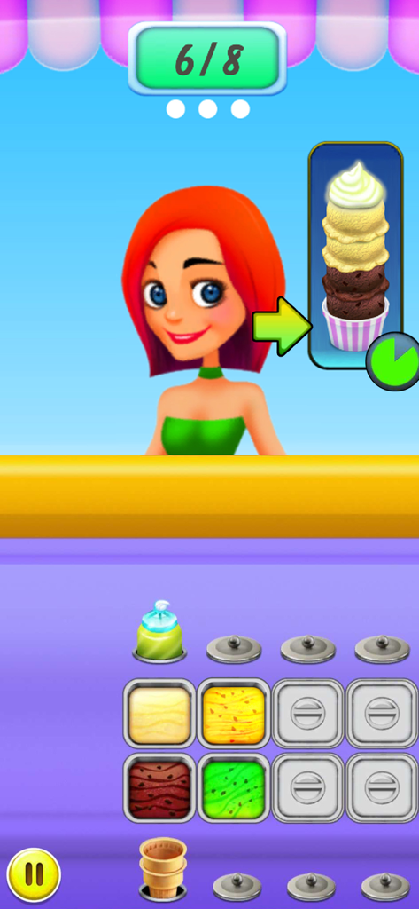 Ice Cream Truck - Food Cart - Eine weibliche Figur bestellt einen dreischichtigen Eiscreme-Eisbecher in einem mobilen Simulationsspiel.