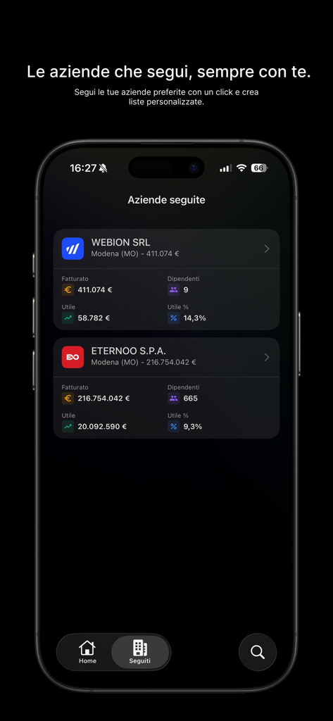 Saikoo - CRM - iPhone上のサイクーアプリのインターフェース。収益や利益などの財務データを持つ、フォロー中のイタリア企業のリストが表示されています。