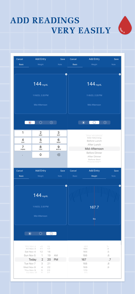 Glucose Companion Pro - Interface for adding blood sugar and weight readings in Glucose Companion Pro