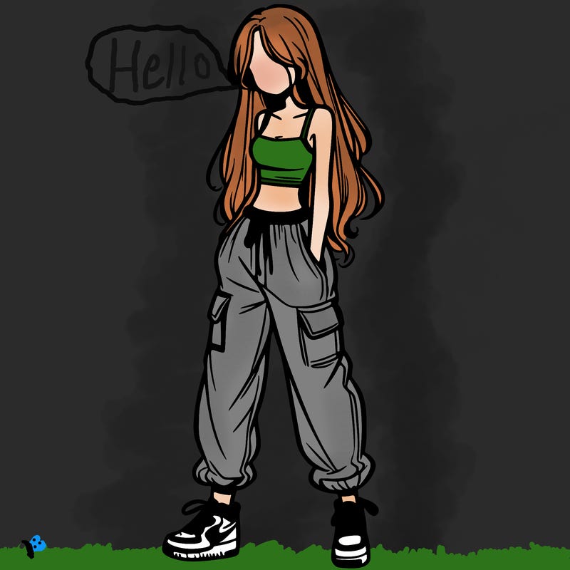 girl in baggy pants crop top and long hair