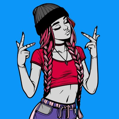 realistic teenage girl with braids and a beanie and crop top doing 🫶🏼