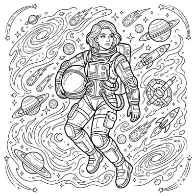Embark on an epic cosmic journey with this captivating coloring page featuring a pioneering female astronaut. Surrounded by a galaxy of planets and stars, this template invites you to unleash your creativity in the vastness of space.