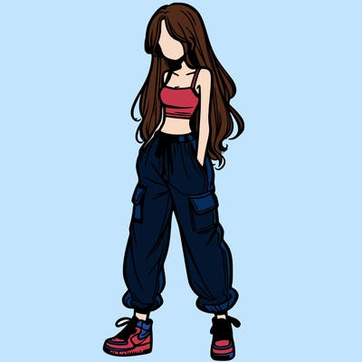 girl in baggy pants crop top and long hair