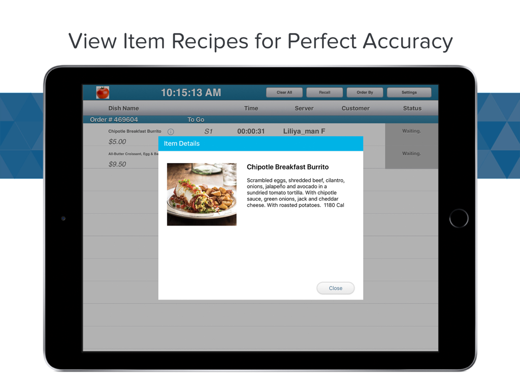 Revel KDS - 2.79 - iPad screen showing digital recipe details and ingredients for a breakfast burrito in a kitchen display system