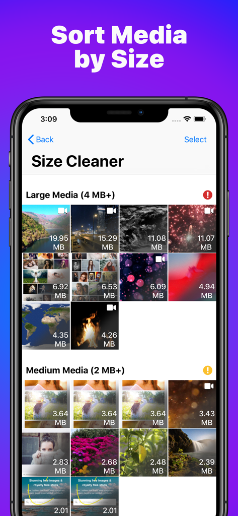 Phone Cleaner for iPhone, iPad - Interfaz de la aplicación Phone Cleaner mostrando archivos multimedia ordenados por tamaño para optimizar el almacenamiento