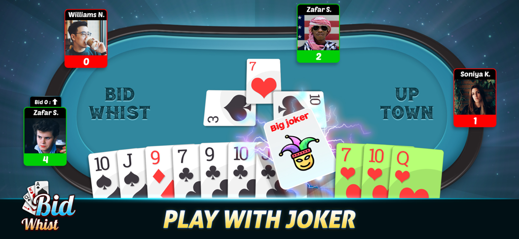 Interfaz del juego de cartas Bid Whist que muestra una partida multijugador con una carta de comodín grande