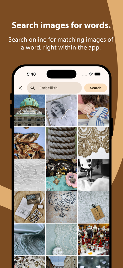 Captura de pantalla de la app Crear Diccionario mostrando la función de búsqueda de imágenes para la palabra Embellish