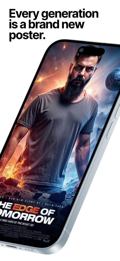 Posterize AI Movie Posters - Ein bärtiger Mann als Hauptdarsteller in einem filmischen Sci-Fi-Filmposter auf einem Smartphone-Bildschirm