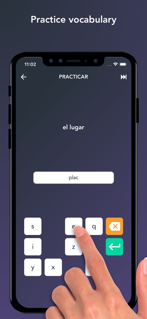 Tobo: Learn English Vocabulary - A person using the Tobo app to practice English vocabulary by spelling the word place on a mobile interface.