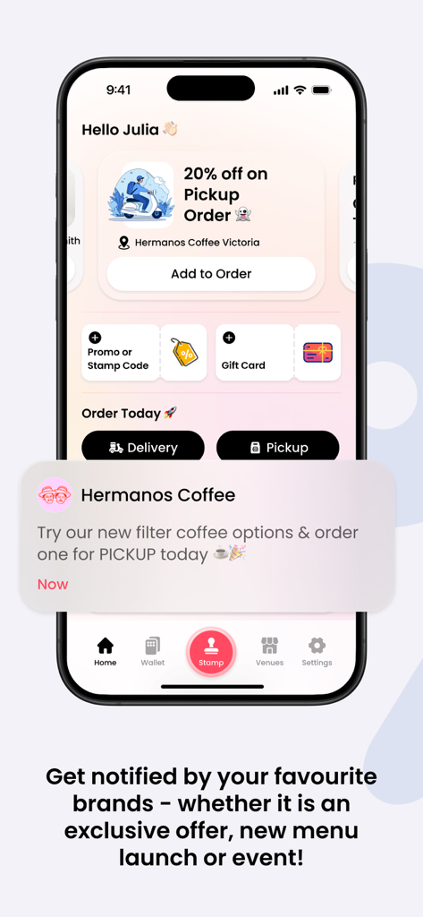 Embargo Wallet - Embargo Wallet app showing a push notification for a coffee shop discount and order options