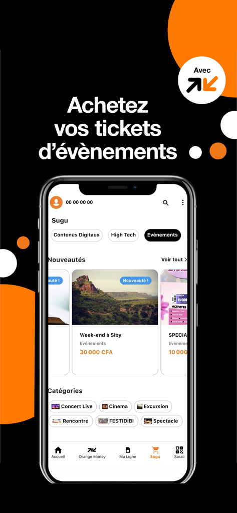 Orange Max it – Mali - Orange Max it Mali app interface for buying event tickets and browsing the marketplace.