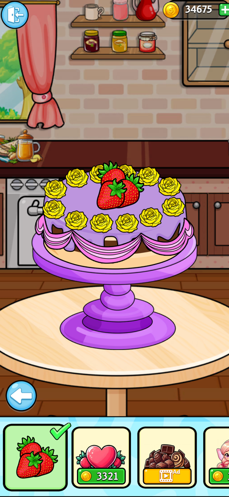 A purple cake decorated with yellow flowers and fresh strawberries on a purple cake stand inside a cartoon kitchen