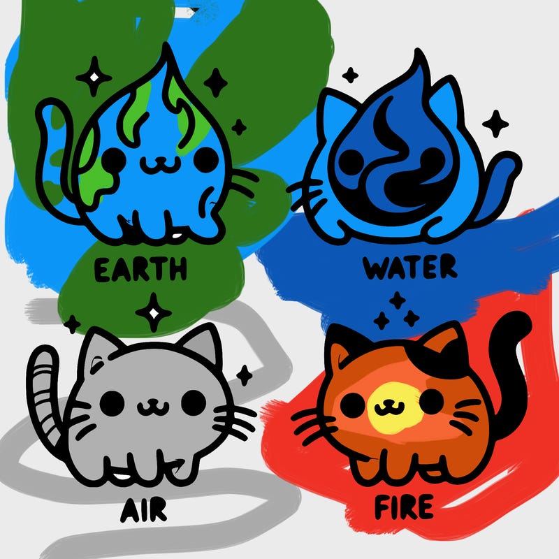 4 cats that represent the different elements, earth, water, air, and fire