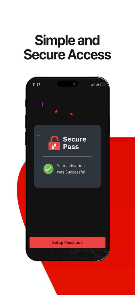 UBA Secure Pass - UBA Secure Pass App-Bildschirm für erfolgreiche Aktivierung auf einem Smartphone mit einer Schaltfläche zum Einrichten des Passcodes.