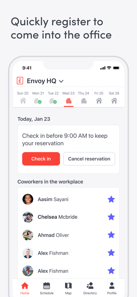 Envoy - Envoy mobile app interface for office registration and checking in to see which coworkers are present.