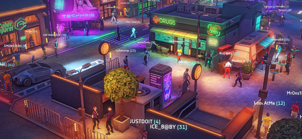 Cyberika: Action Adventure RPG - Una bulliciosa calle de ciudad cyberpunk iluminada por neones con personajes jugadores y tiendas futuristas en el juego Cyberika.