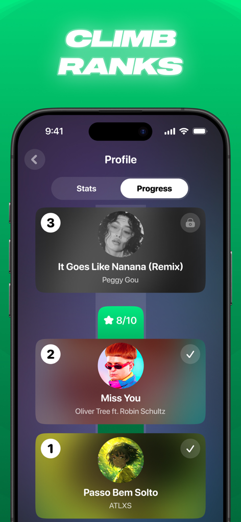 A profile screen from Tiles Pop music game showing ranked song progress and unlocked tracks