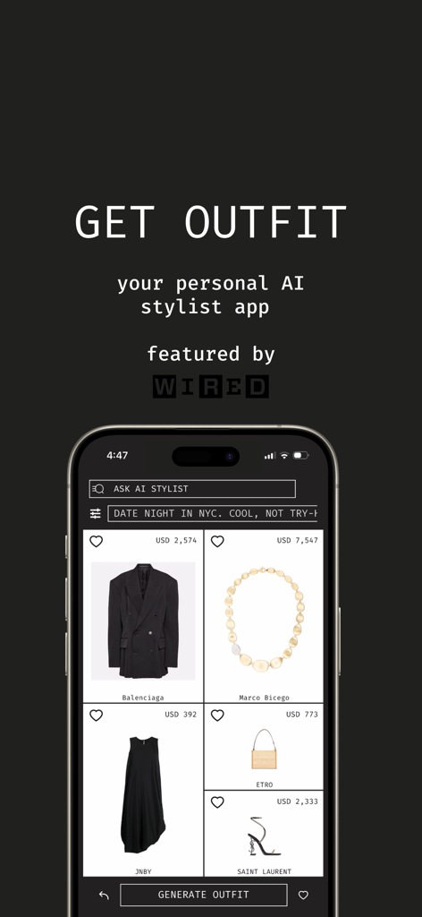 Get Outfit app interface showing AI generated luxury outfit ideas for a date night in NYC featuring Balenciaga and Saint Laurent
