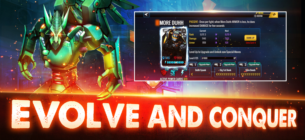 Écran d'amélioration du robot dans Ultimate Robot Fighting affichant les statistiques et le texte « Évoluer et conquérir ».