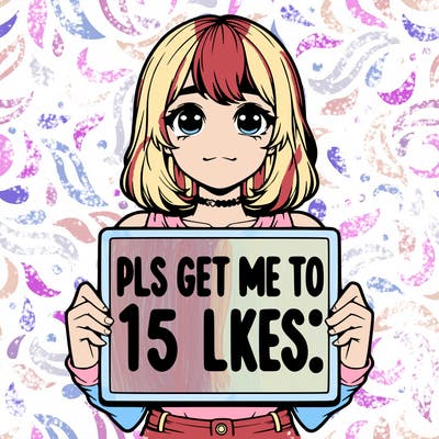 realistic girl holding up a sign that says “pls get me to 15 likes!”
