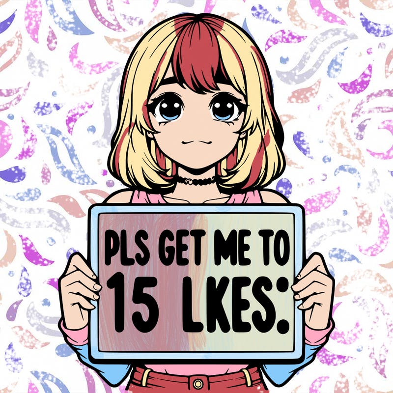 realistic girl holding up a sign that says “pls get me to 15 likes!”