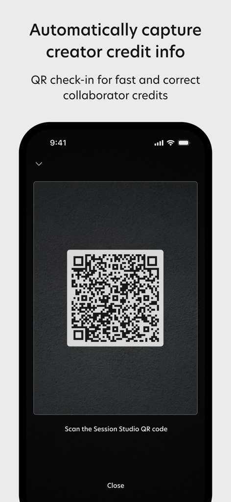 Session Studio - A smartphone screen displaying a QR code for automatic creator credit capture in the Session Studio app.
