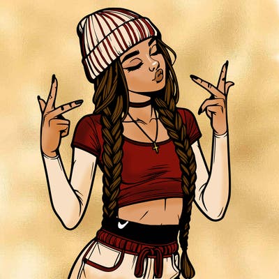 realistic teenage girl with braids and a beanie and crop top doing 🫶🏼