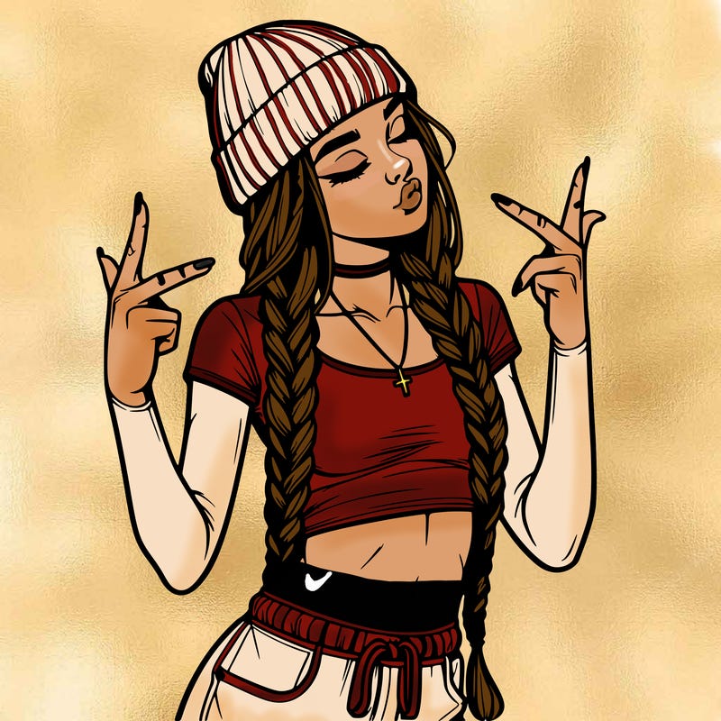 realistic teenage girl with braids and a beanie and crop top doing 🫶🏼