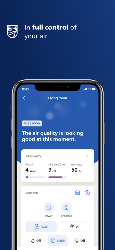 Philips Air+ App-Oberfläche mit Echtzeit-Luftqualitätsdaten des Wohnzimmers und Gerätesteuerung