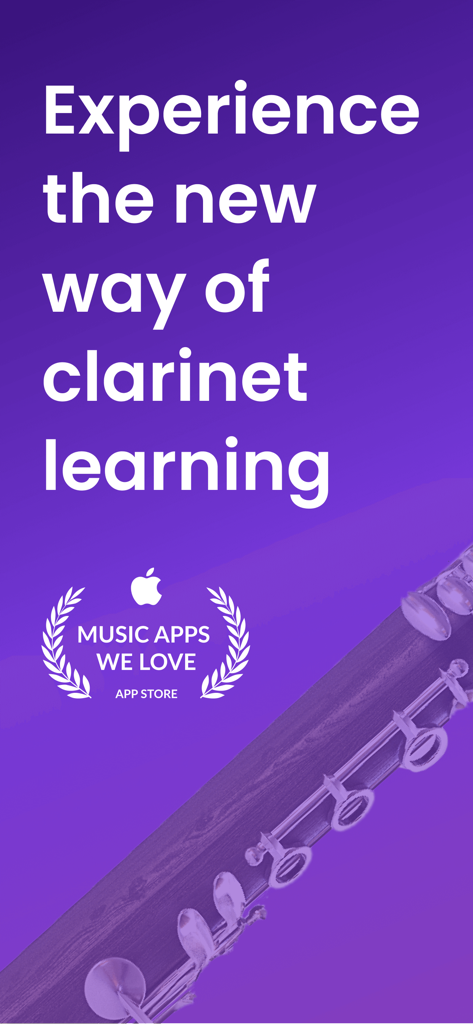 Introductory banner for the Learn Clarinet app featuring the App Store Music Apps We Love badge