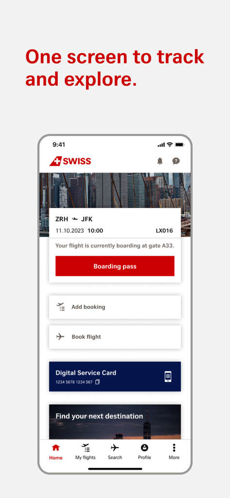 SWISS Fluglinien-App-Dashboard mit Flugstatus und digitaler Bordkarte