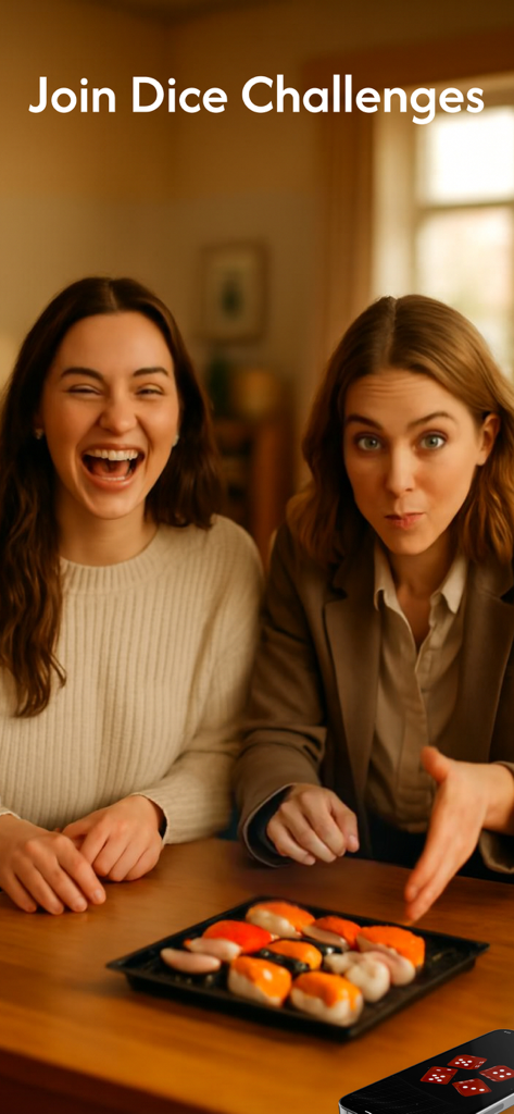 Dice Roller - Roll the Dice - Two friends laughing and playing a dice challenge game with sushi and a mobile app