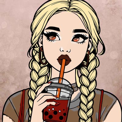 realistic girl with braided hair drinking boba