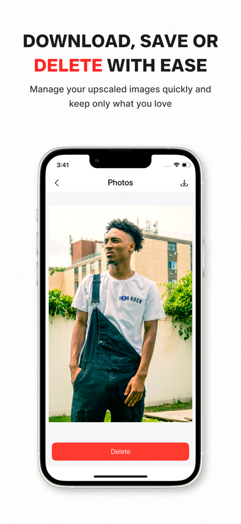 Image Upscaler AI - Interface of the Image Upscaler AI app showing an enhanced photo of a man with options to download or delete.
