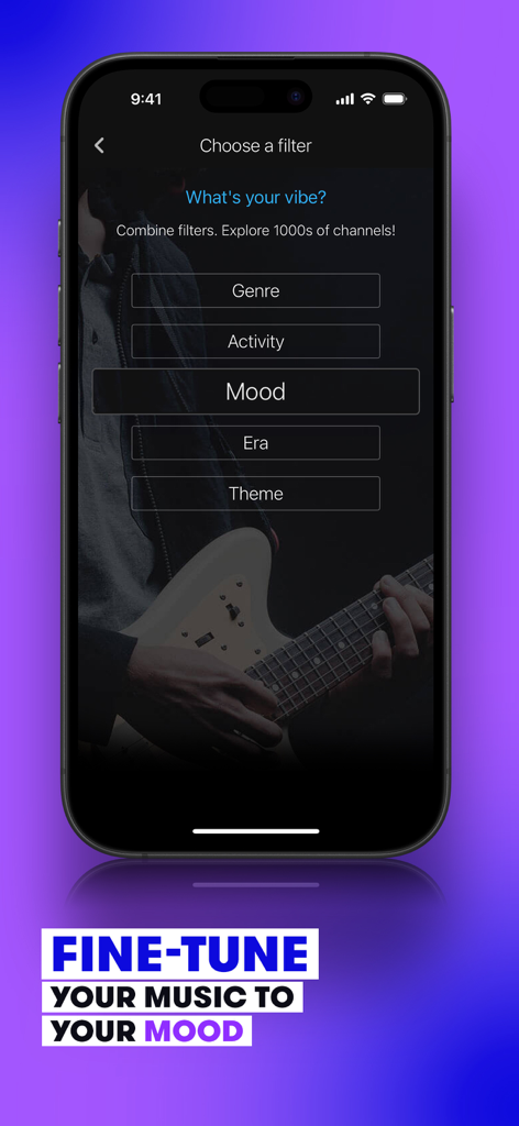 Stingray Music: 100s of DJs - Interface de l'application Stingray Music pour filtrer la musique par humeur et activité