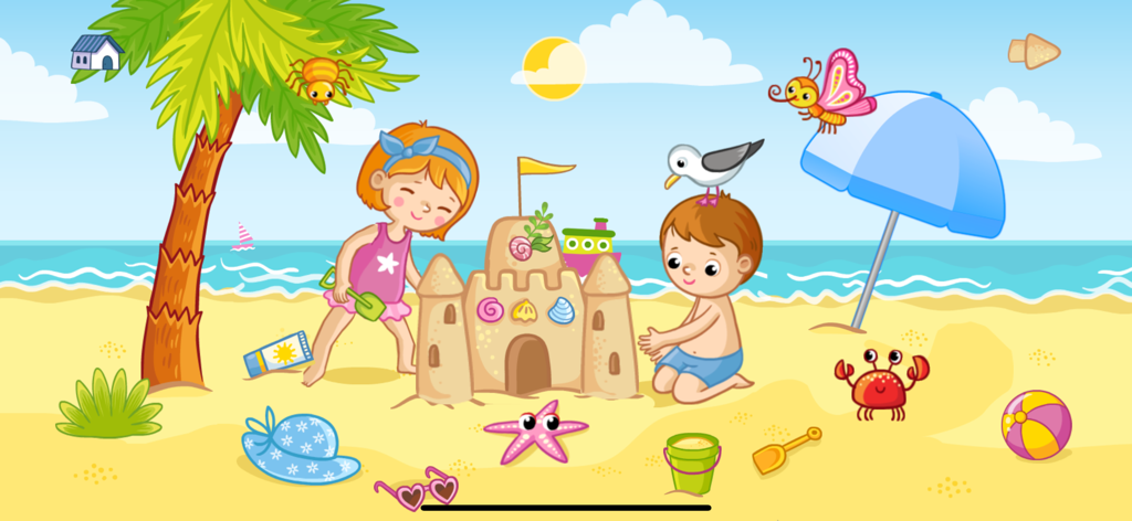 FISH sea animal puzzle games - Cartoon illustration of a boy and girl building a sandcastle on a sunny beach with a crab and starfish.