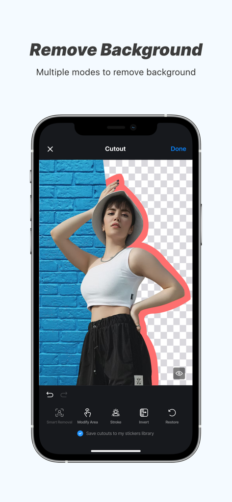 A smartphone interface showing the background removal tool in the Flow Studio app with a person being cut out from a brick wall.