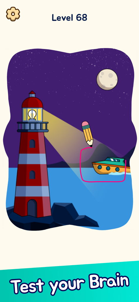 Draw Puzzle: Funny Brain Games - Brain puzzle game level showing a lighthouse illuminating a boat at night with a drawing interaction