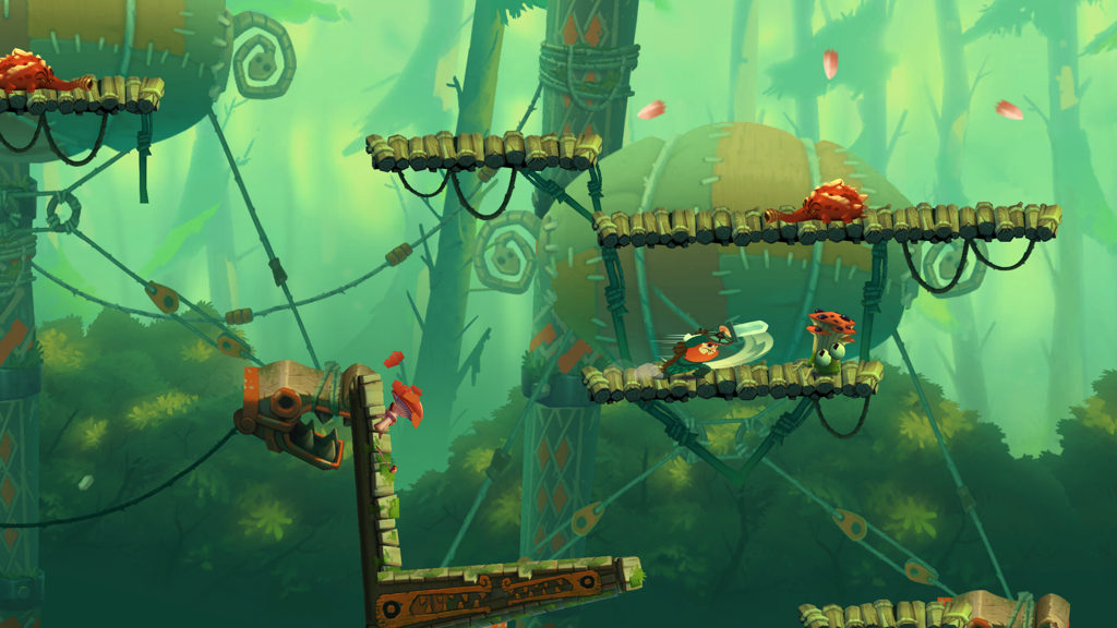 Oddmar - Oddmar the Viking character attacking enemies in a lush hand-drawn forest level.