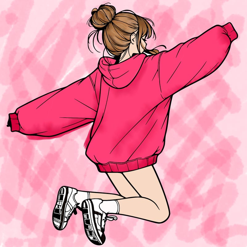 realistic girl jumping with a bun and oversized sweatshirt
