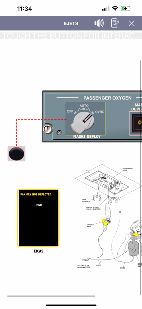 Aplicativo E-JETS Training Guide mostrando o painel de controle de oxigênio dos passageiros e o diagrama de acionamento