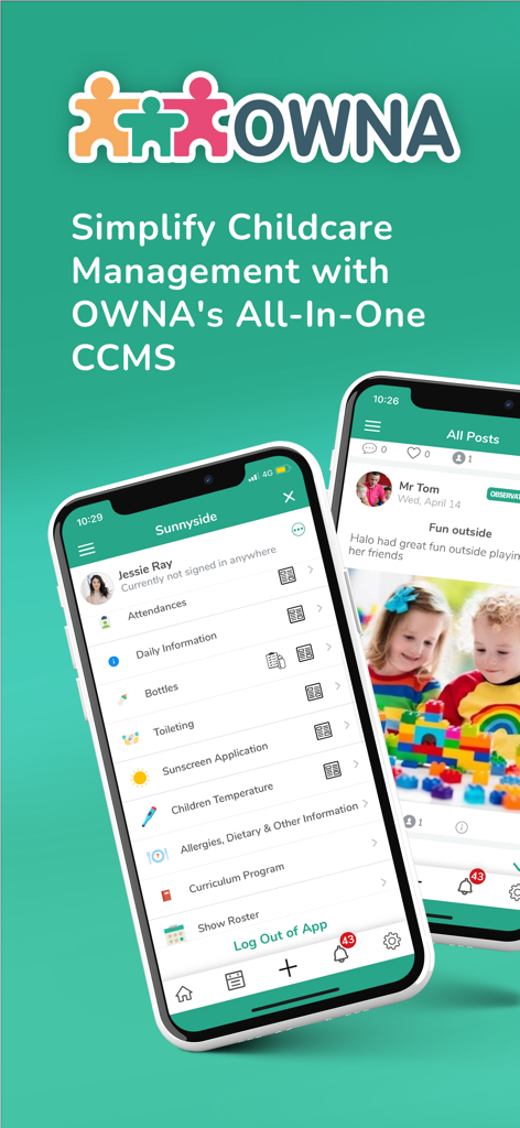 Interface of the OWNA childcare app displaying daily activity logs and child progress photos.