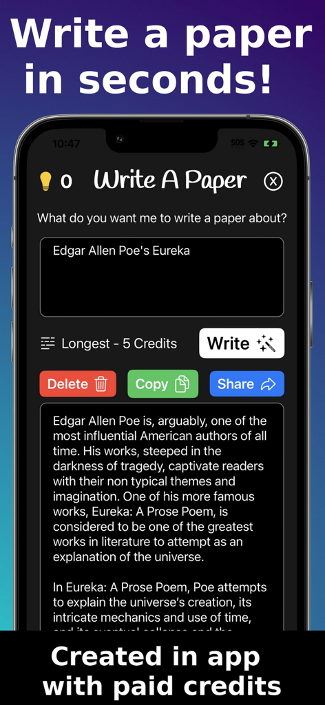Interface of the Write For Me AI Essay Writer app generating a paper about Edgar Allan Poe.